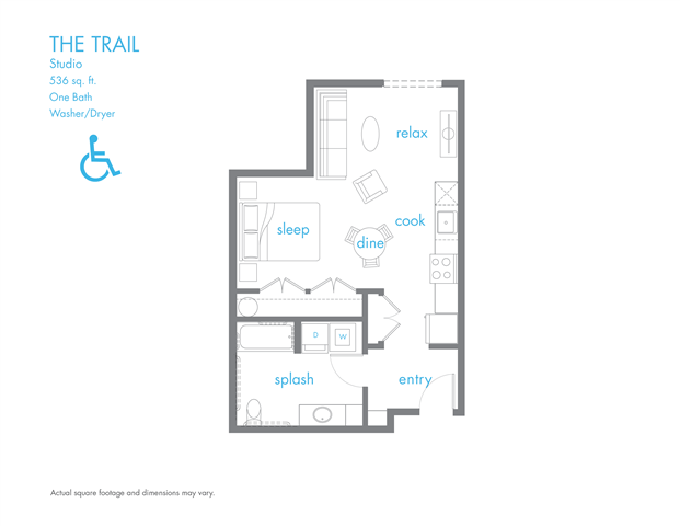 Floor plan for studio, 1 bath, 536 sqft